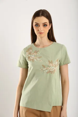 100% Cotton Embroidered Blouse in Sage