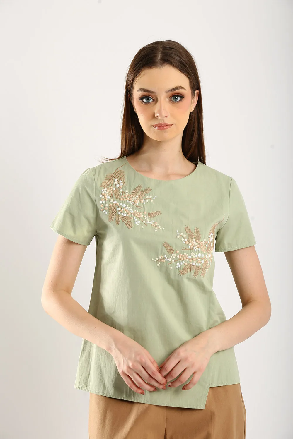 100% Cotton Embroidered Blouse in Sage