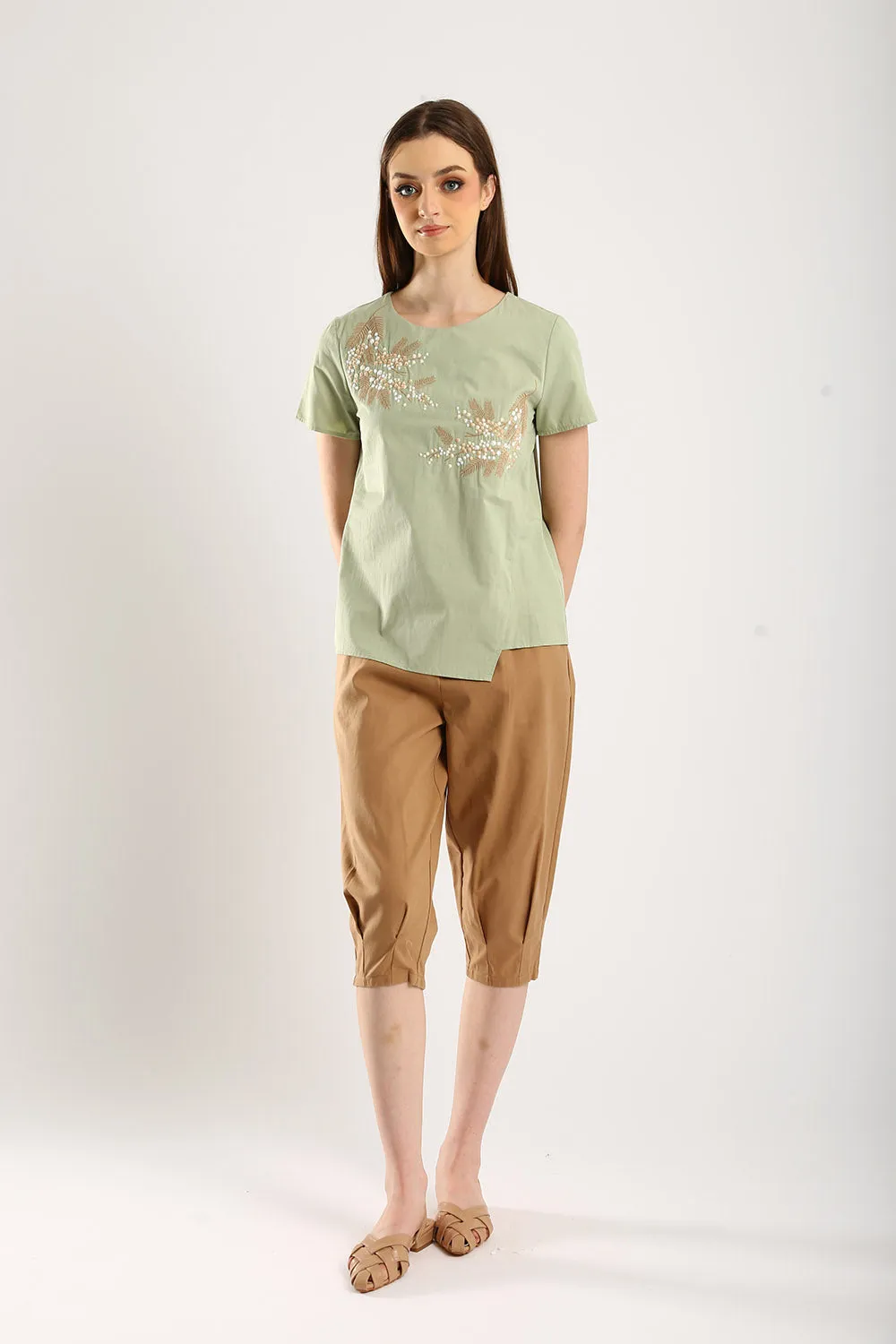 100% Cotton Embroidered Blouse in Sage