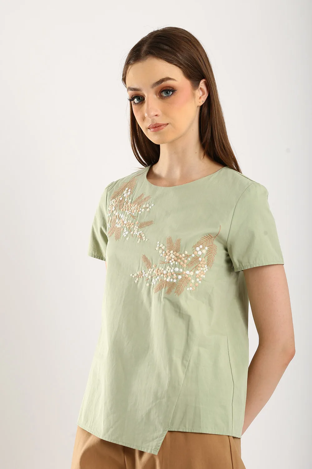 100% Cotton Embroidered Blouse in Sage