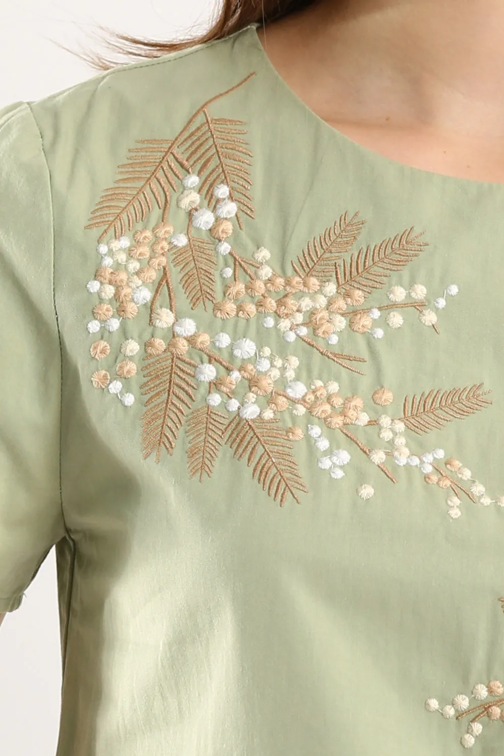 100% Cotton Embroidered Blouse in Sage