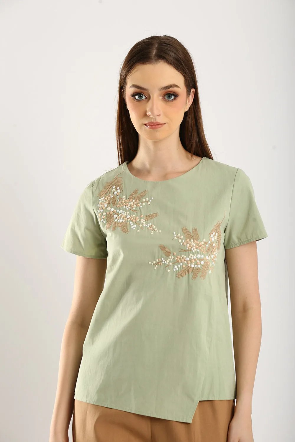 100% Cotton Embroidered Blouse in Sage