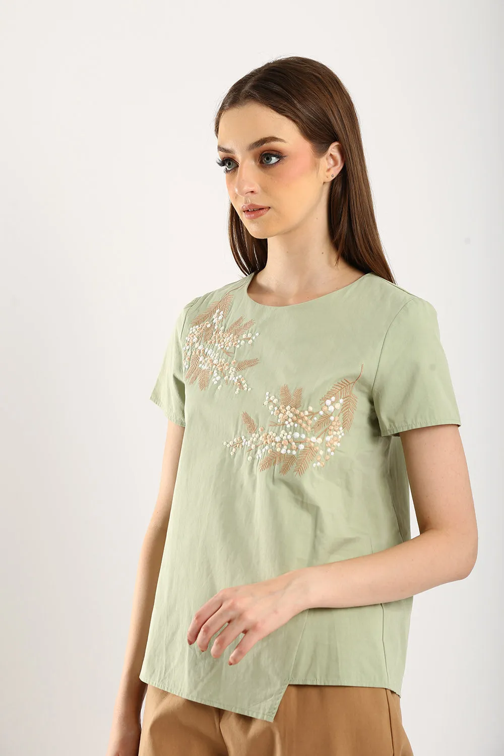 100% Cotton Embroidered Blouse in Sage