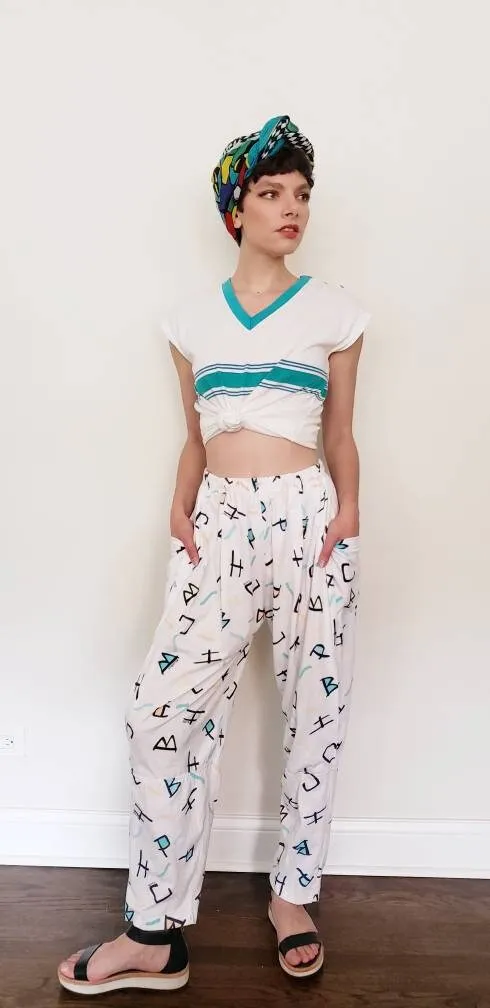 1980s Elastic Waist Pants Graphic Print Beverly Hills Polo Club / 80s Soft Pants with Pockets White Pastel Pattern Letters Logos / Cheney