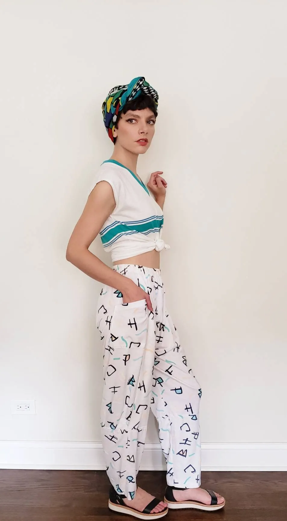 1980s Elastic Waist Pants Graphic Print Beverly Hills Polo Club / 80s Soft Pants with Pockets White Pastel Pattern Letters Logos / Cheney