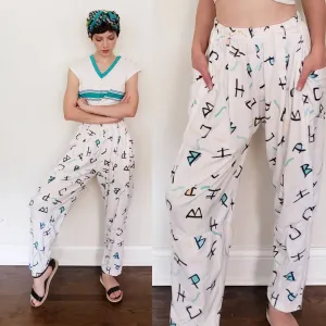 1980s Elastic Waist Pants Graphic Print Beverly Hills Polo Club / 80s Soft Pants with Pockets White Pastel Pattern Letters Logos / Cheney