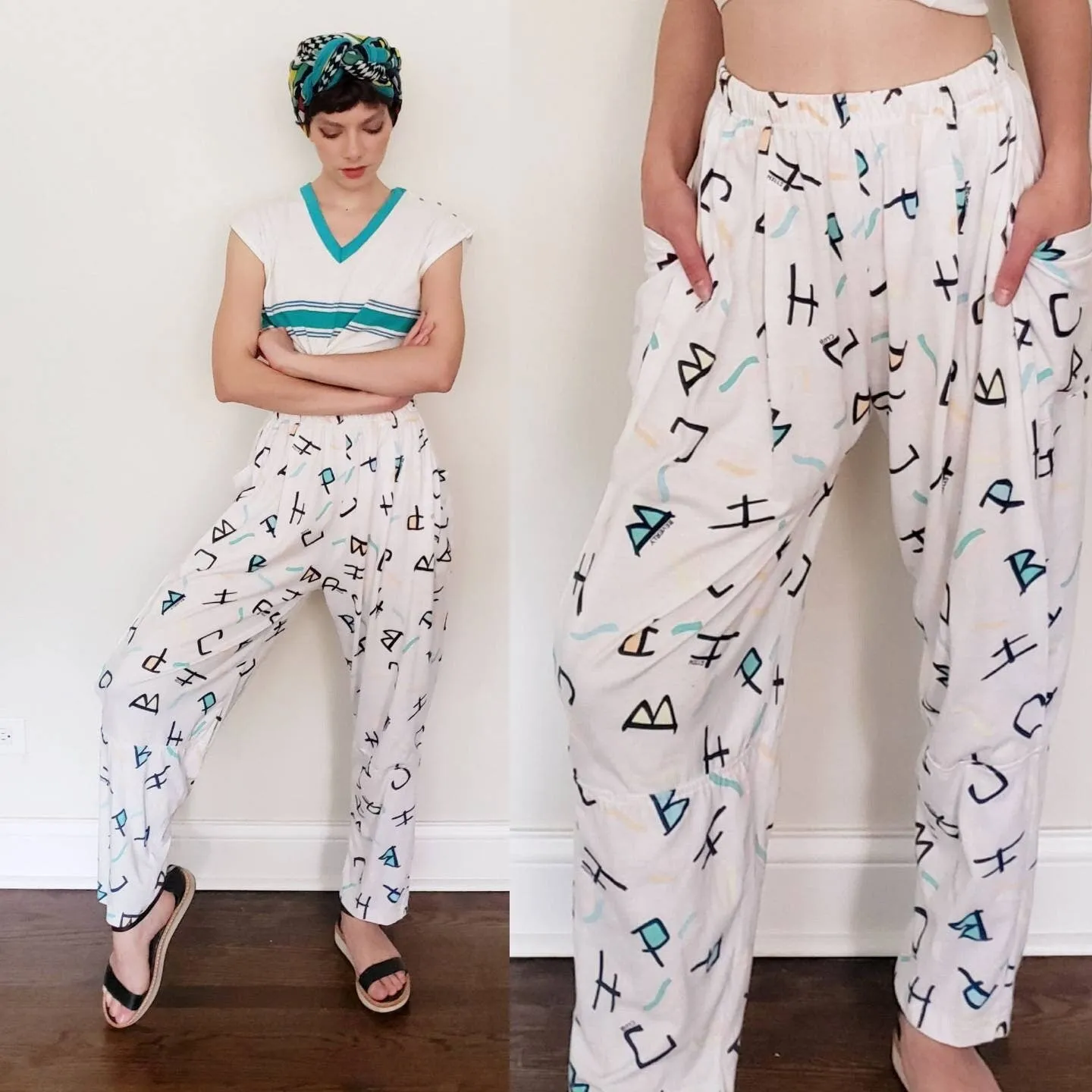1980s Elastic Waist Pants Graphic Print Beverly Hills Polo Club / 80s Soft Pants with Pockets White Pastel Pattern Letters Logos / Cheney