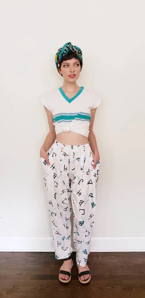 1980s Elastic Waist Pants Graphic Print Beverly Hills Polo Club / 80s Soft Pants with Pockets White Pastel Pattern Letters Logos / Cheney