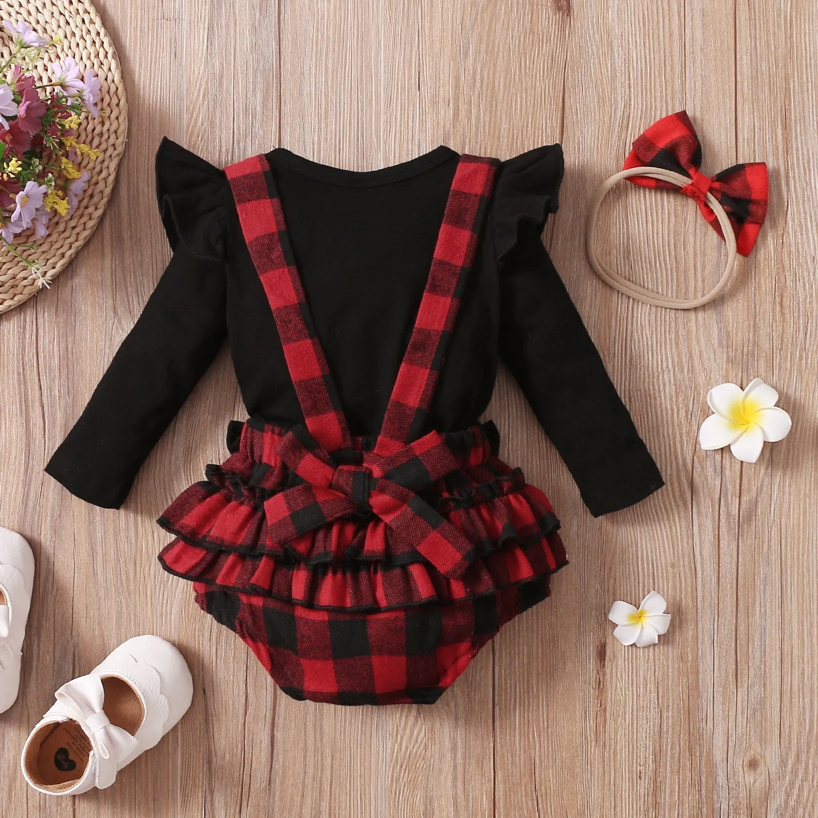3PCS Infant Baby Girl Fall/Winter Solid Long Sleeve Tops Plaid Printed Ruffles Suspender outfit