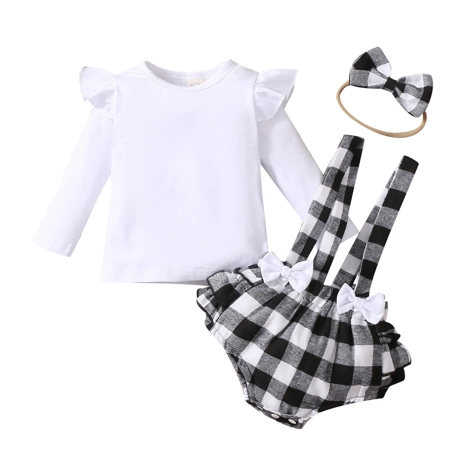 3PCS Infant Baby Girl Fall/Winter Solid Long Sleeve Tops Plaid Printed Ruffles Suspender outfit