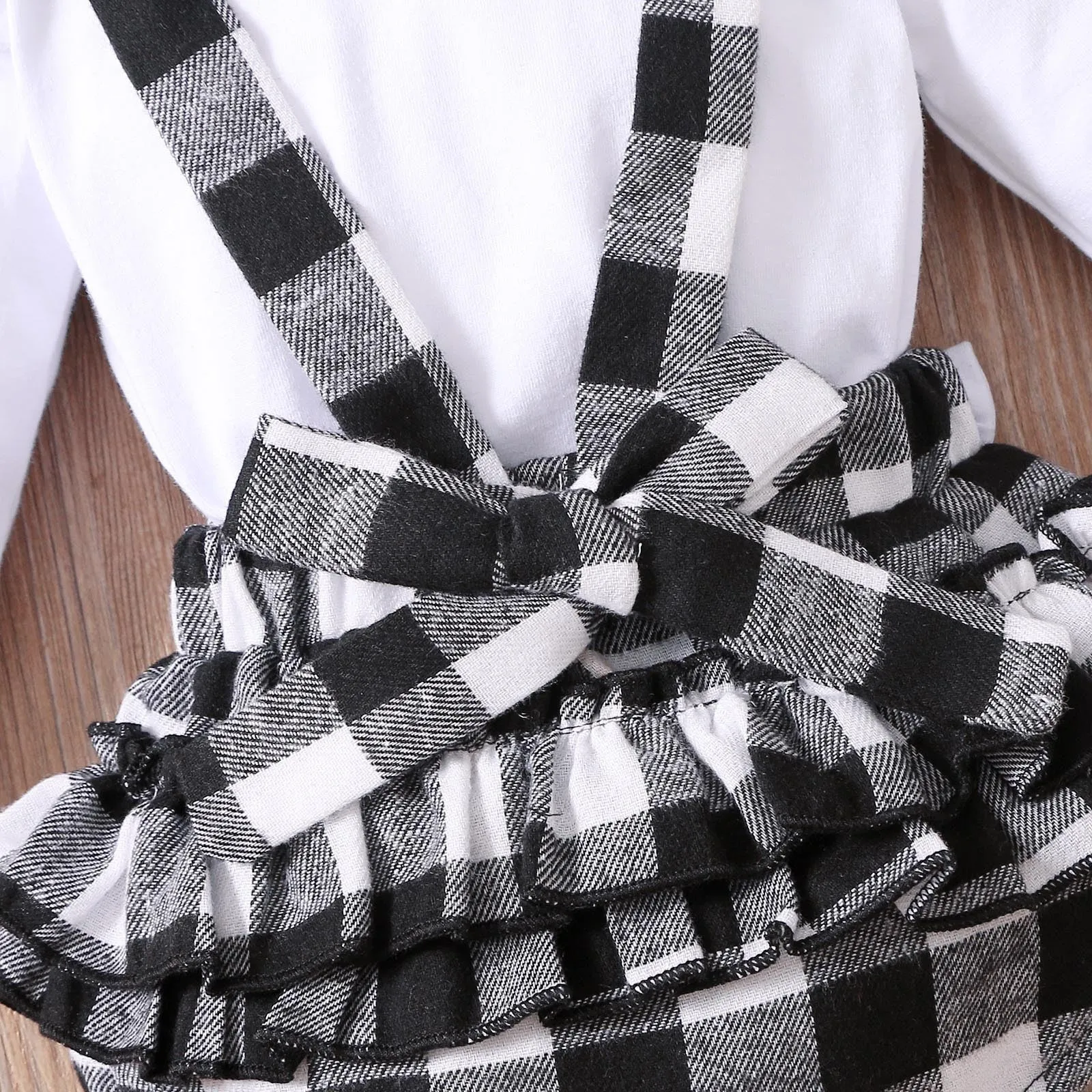 3PCS Infant Baby Girl Fall/Winter Solid Long Sleeve Tops Plaid Printed Ruffles Suspender outfit