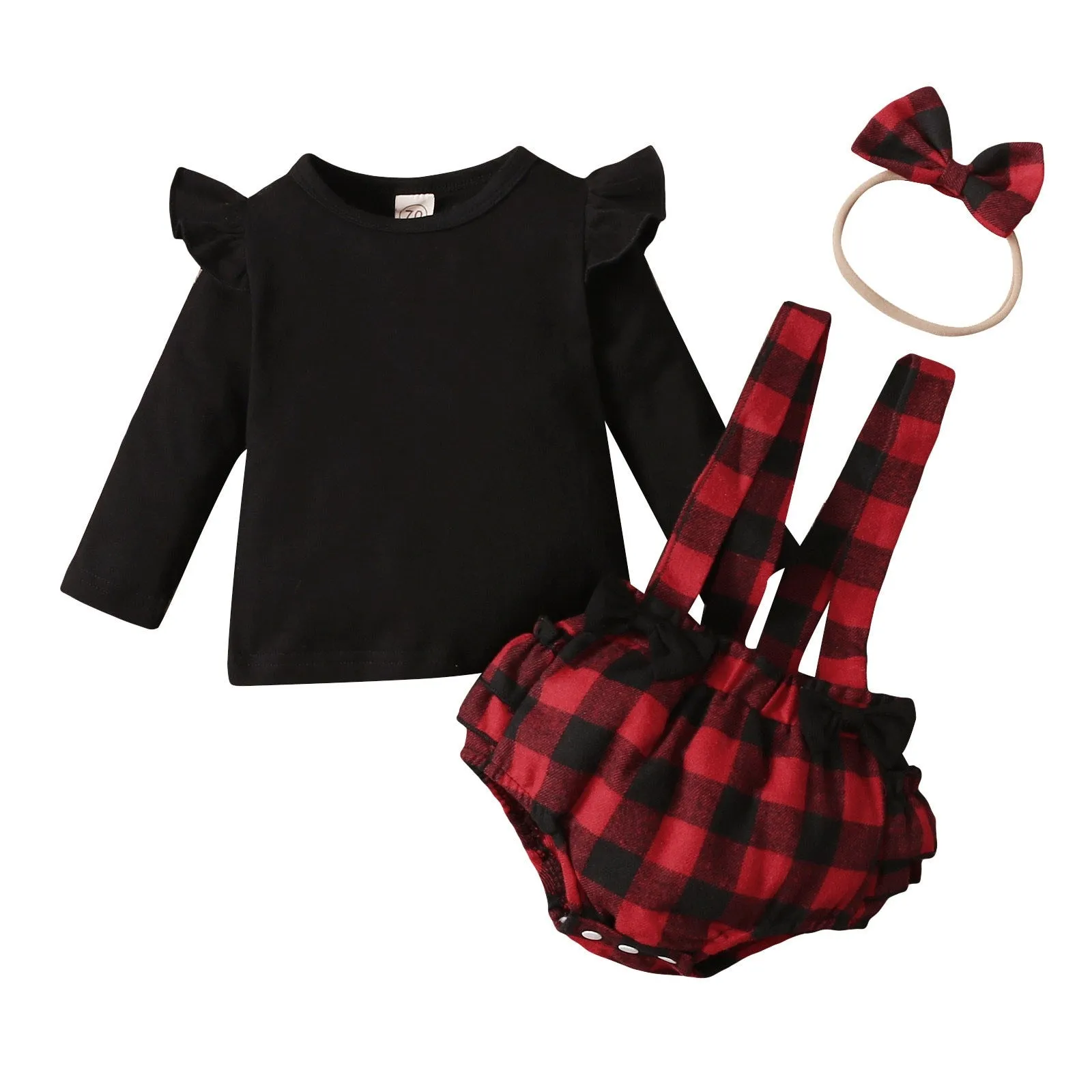 3PCS Infant Baby Girl Fall/Winter Solid Long Sleeve Tops Plaid Printed Ruffles Suspender outfit