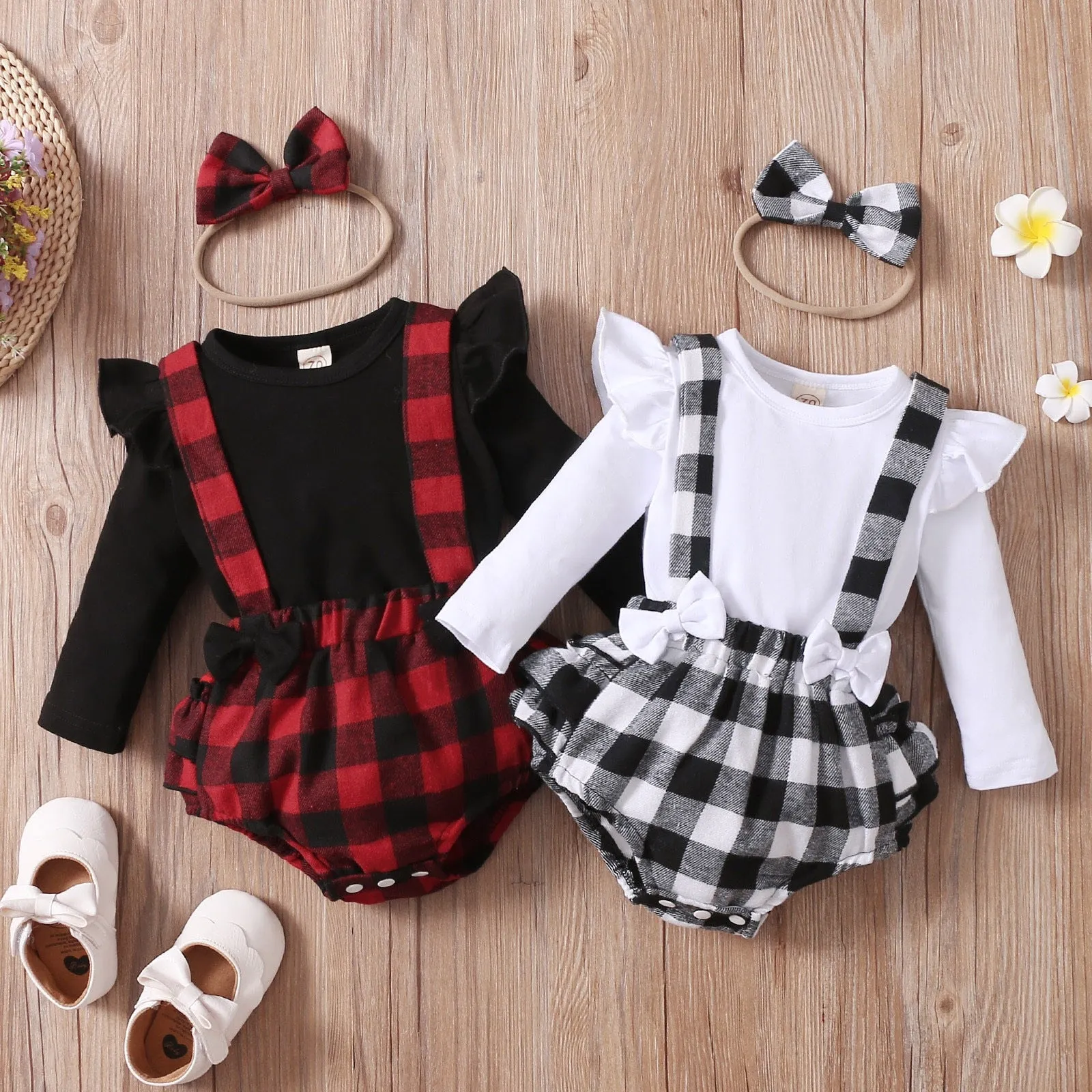 3PCS Infant Baby Girl Fall/Winter Solid Long Sleeve Tops Plaid Printed Ruffles Suspender outfit