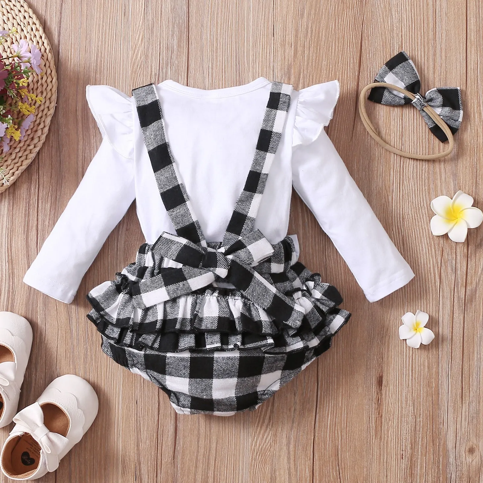 3PCS Infant Baby Girl Fall/Winter Solid Long Sleeve Tops Plaid Printed Ruffles Suspender outfit