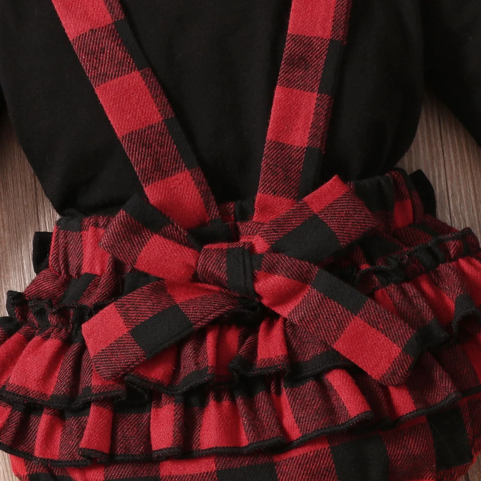 3PCS Infant Baby Girl Fall/Winter Solid Long Sleeve Tops Plaid Printed Ruffles Suspender outfit
