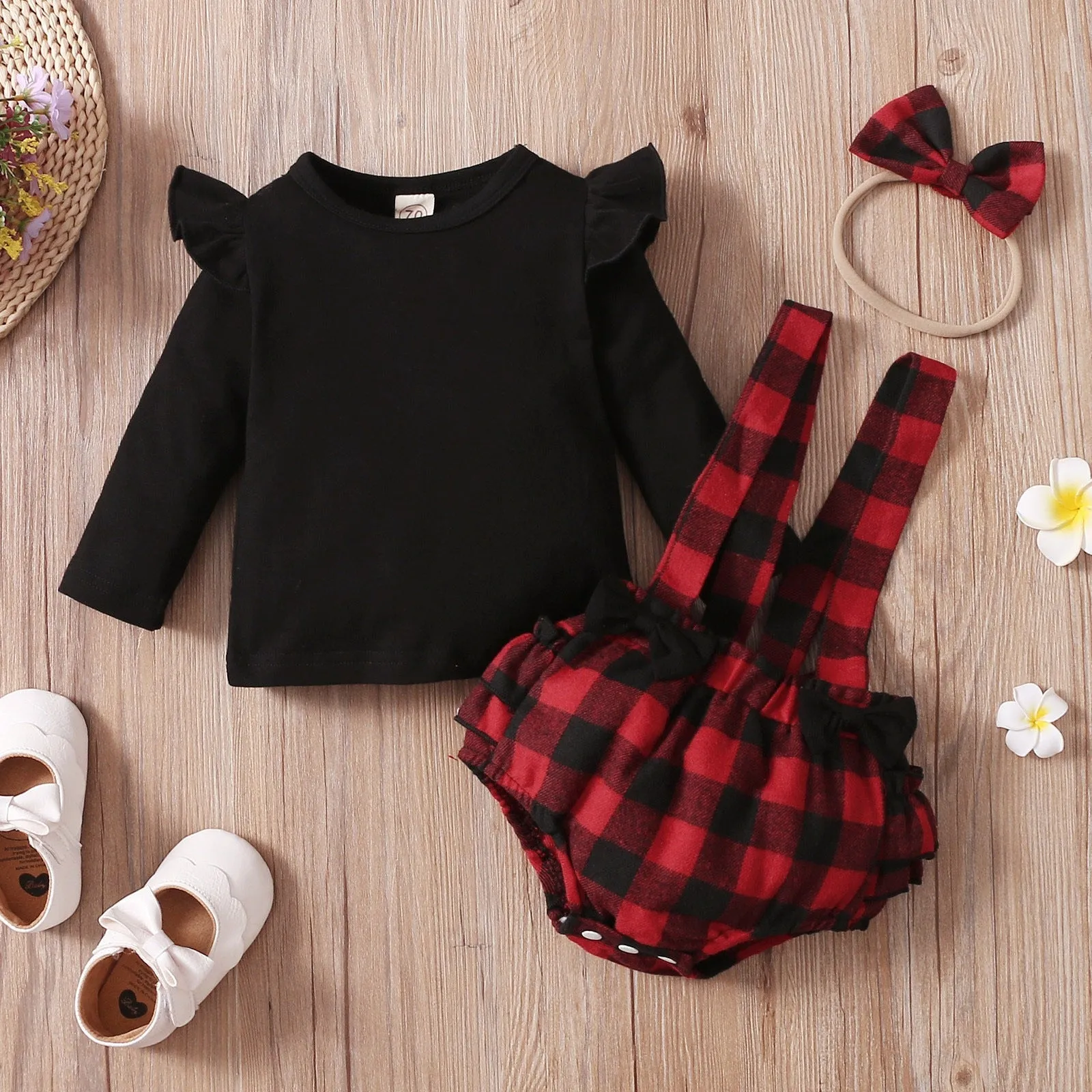 3PCS Infant Baby Girl Fall/Winter Solid Long Sleeve Tops Plaid Printed Ruffles Suspender outfit