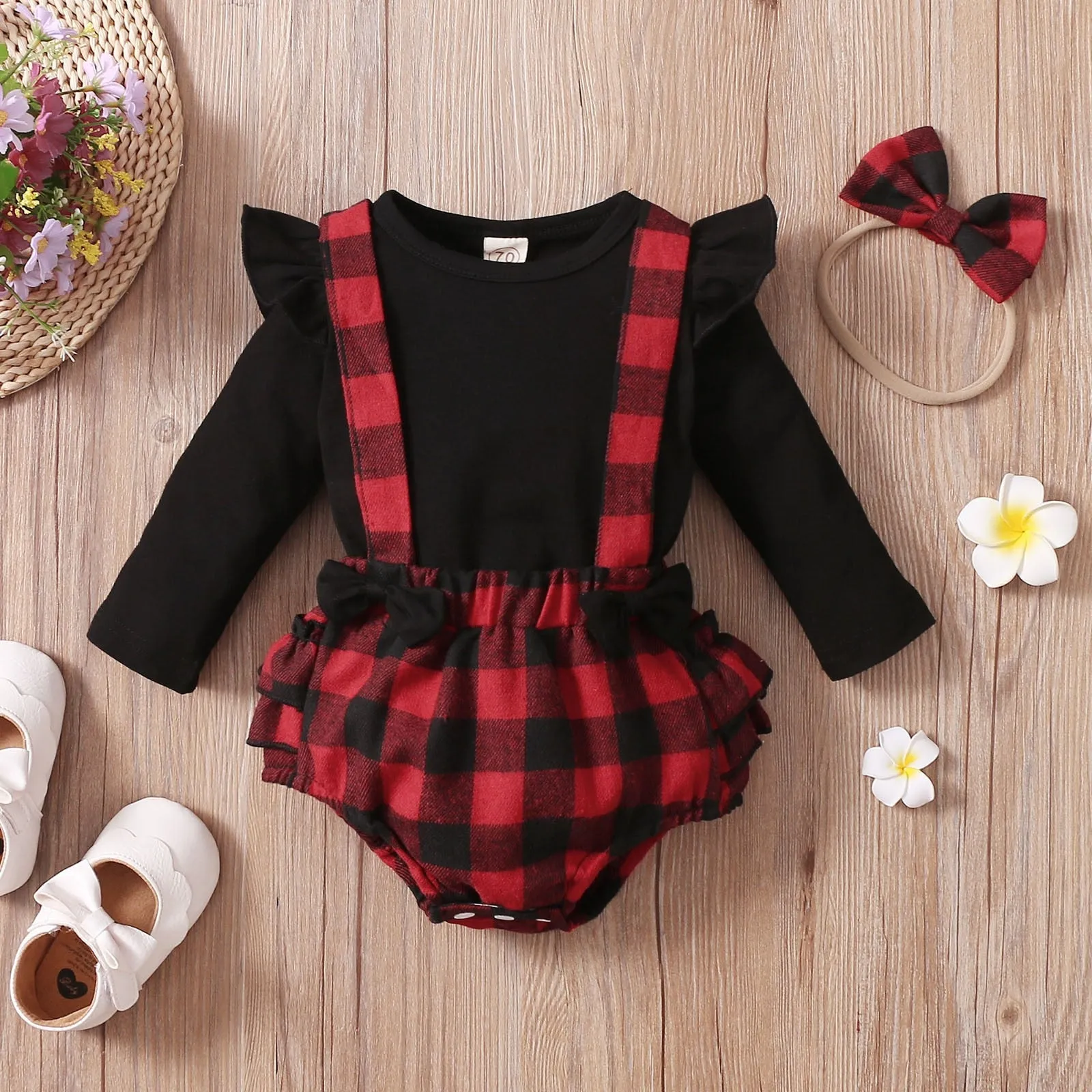 3PCS Infant Baby Girl Fall/Winter Solid Long Sleeve Tops Plaid Printed Ruffles Suspender outfit