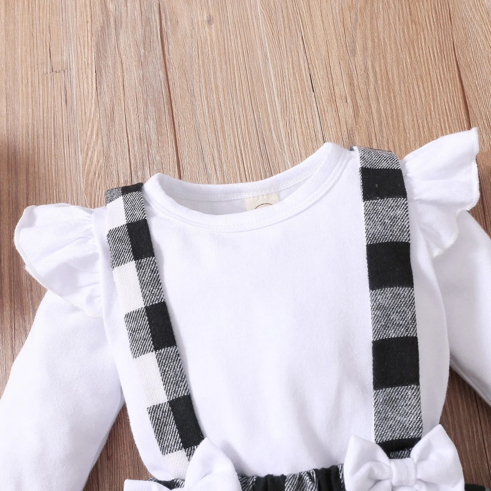 3PCS Infant Baby Girl Fall/Winter Solid Long Sleeve Tops Plaid Printed Ruffles Suspender outfit