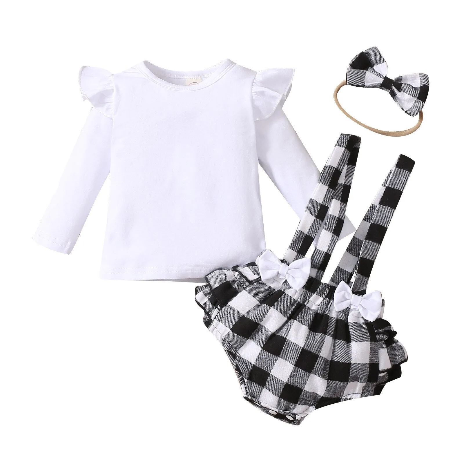 3PCS Infant Baby Girl Fall/Winter Solid Long Sleeve Tops Plaid Printed Ruffles Suspender outfit