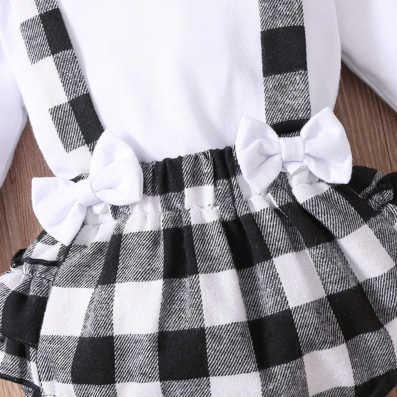 3PCS Infant Baby Girl Fall/Winter Solid Long Sleeve Tops Plaid Printed Ruffles Suspender outfit