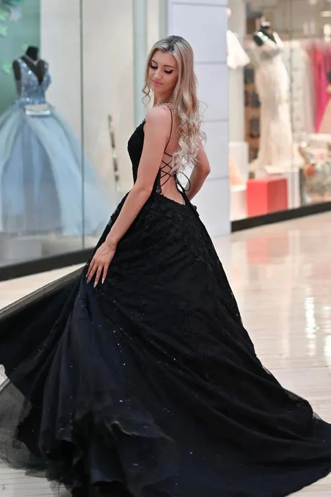 A Line Black Lace Prom Dress 2025 Long Gothic Wedding Dresses