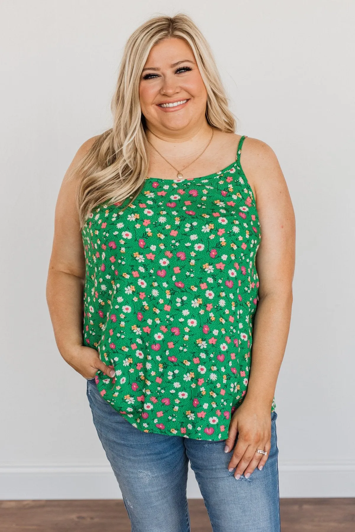 Abundant Blooms Floral & Spots Tank Top- Green