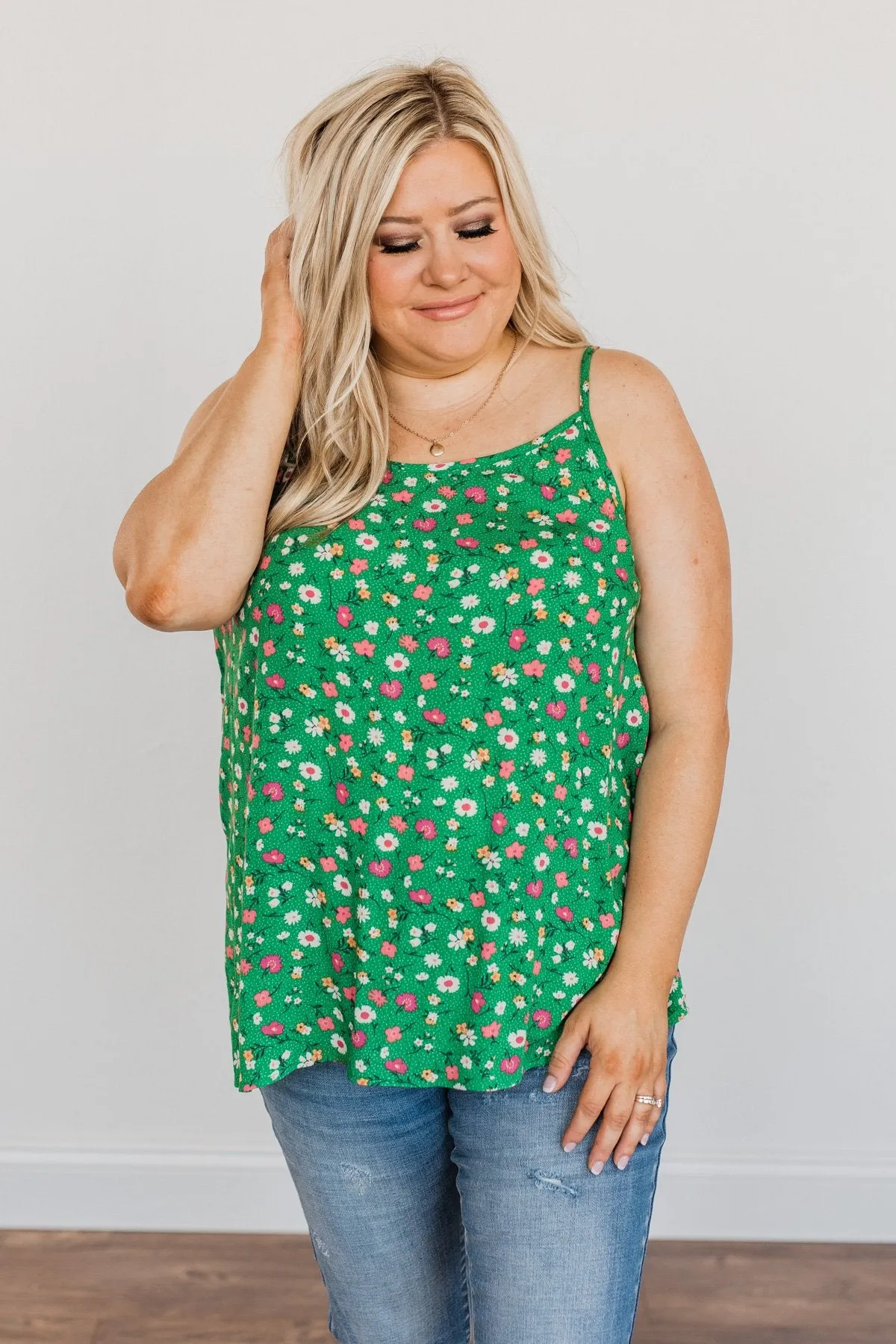 Abundant Blooms Floral & Spots Tank Top- Green