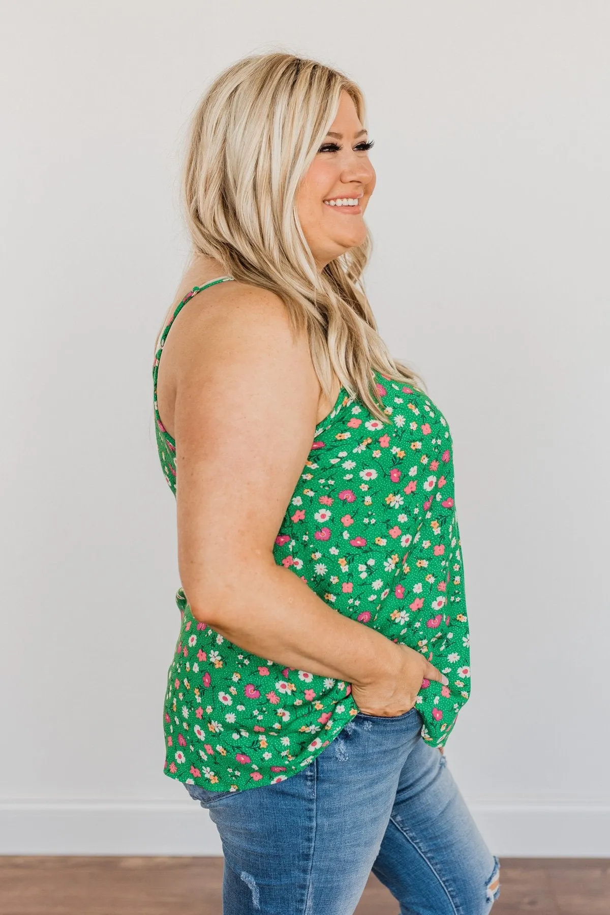 Abundant Blooms Floral & Spots Tank Top- Green