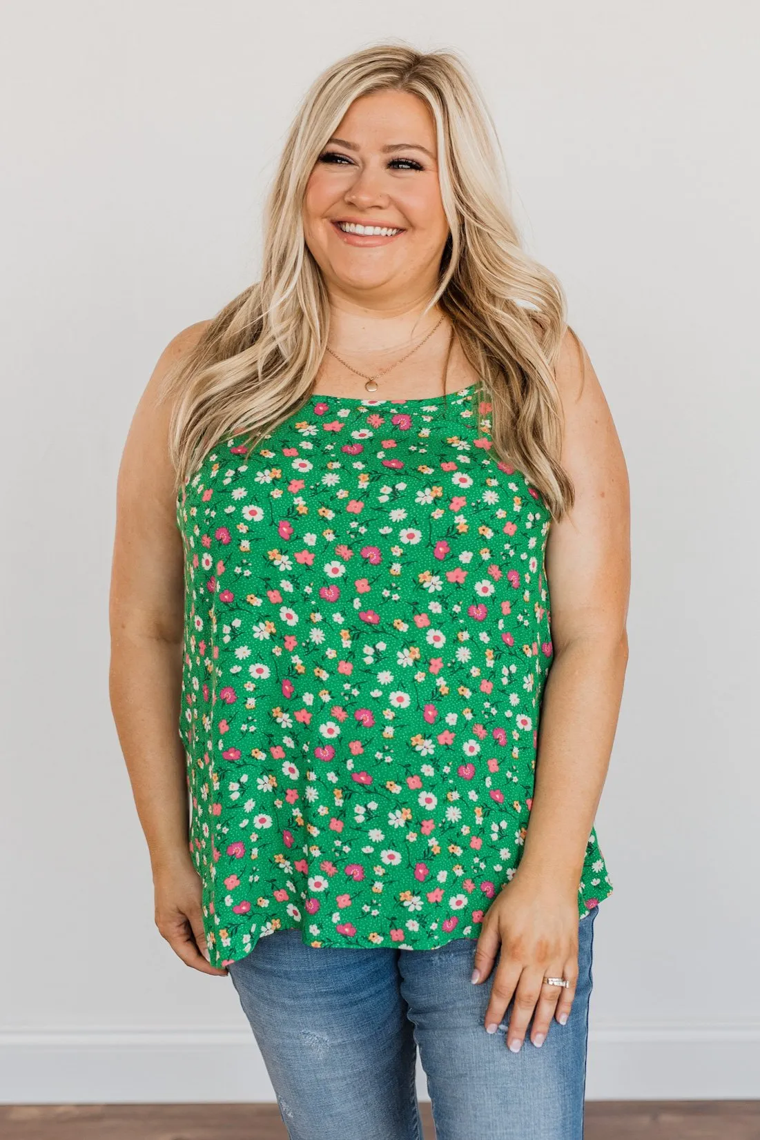 Abundant Blooms Floral & Spots Tank Top- Green