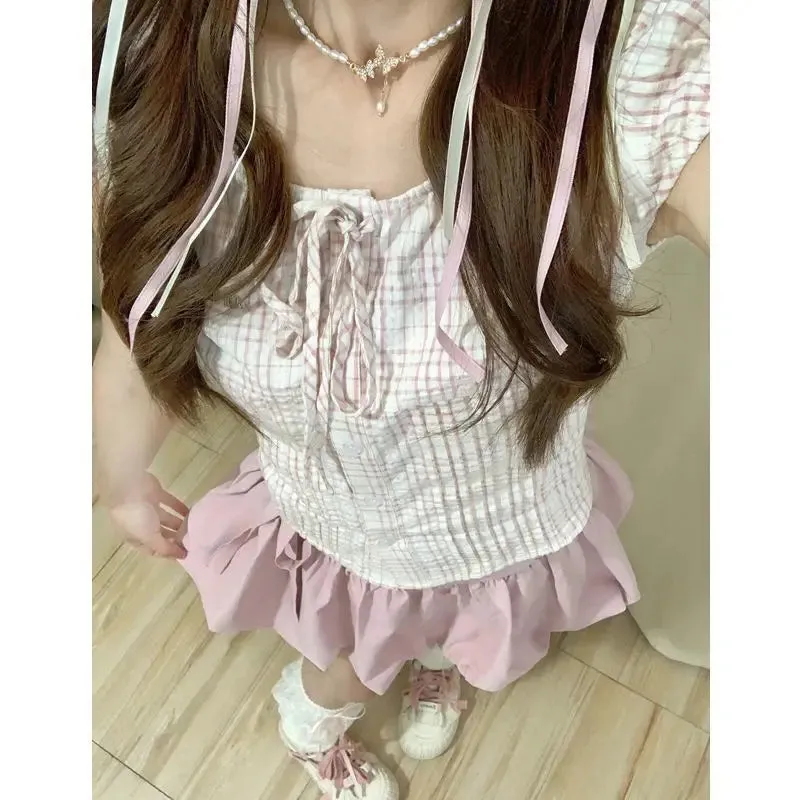 ADVBRIDGE  -  Women's Suit 2025 Summer New Sweet Puff Sleeve Pink Plaid Shirts High Waist Pleated Bud Skirts Y2k Aesthetic Two Piece Sets