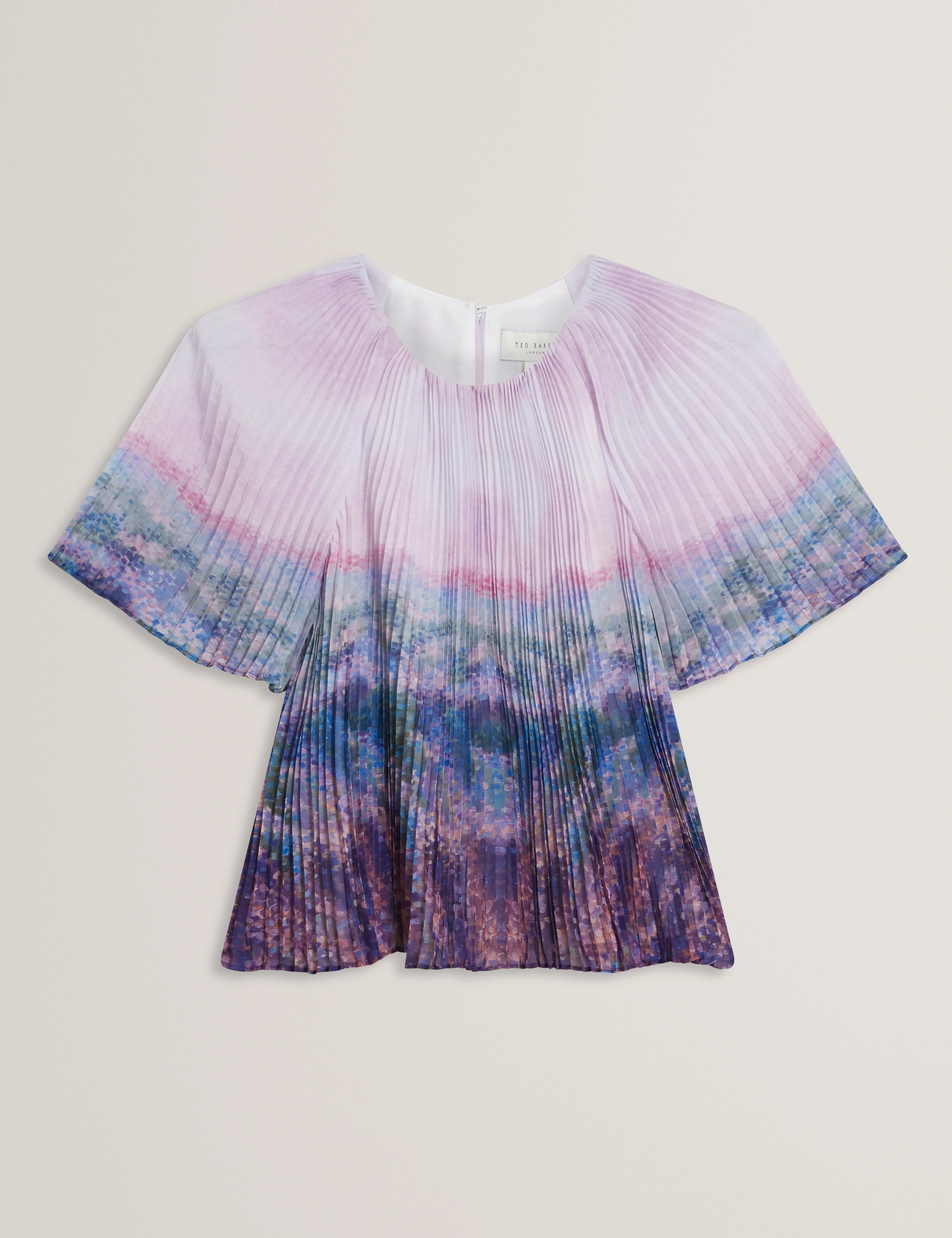 Aharra Printed Pleated Short Sleeve Blouse Mid-Pink