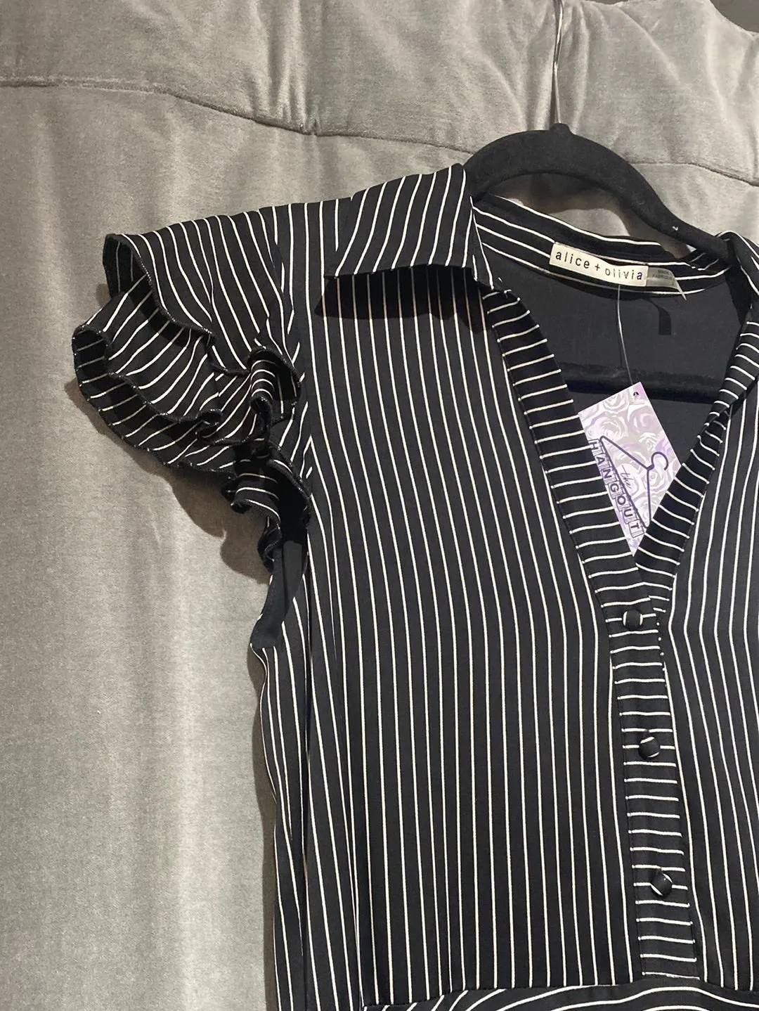 Alice & Olivia Short Sleeve Black and White Stripped Layered Bottom Dress