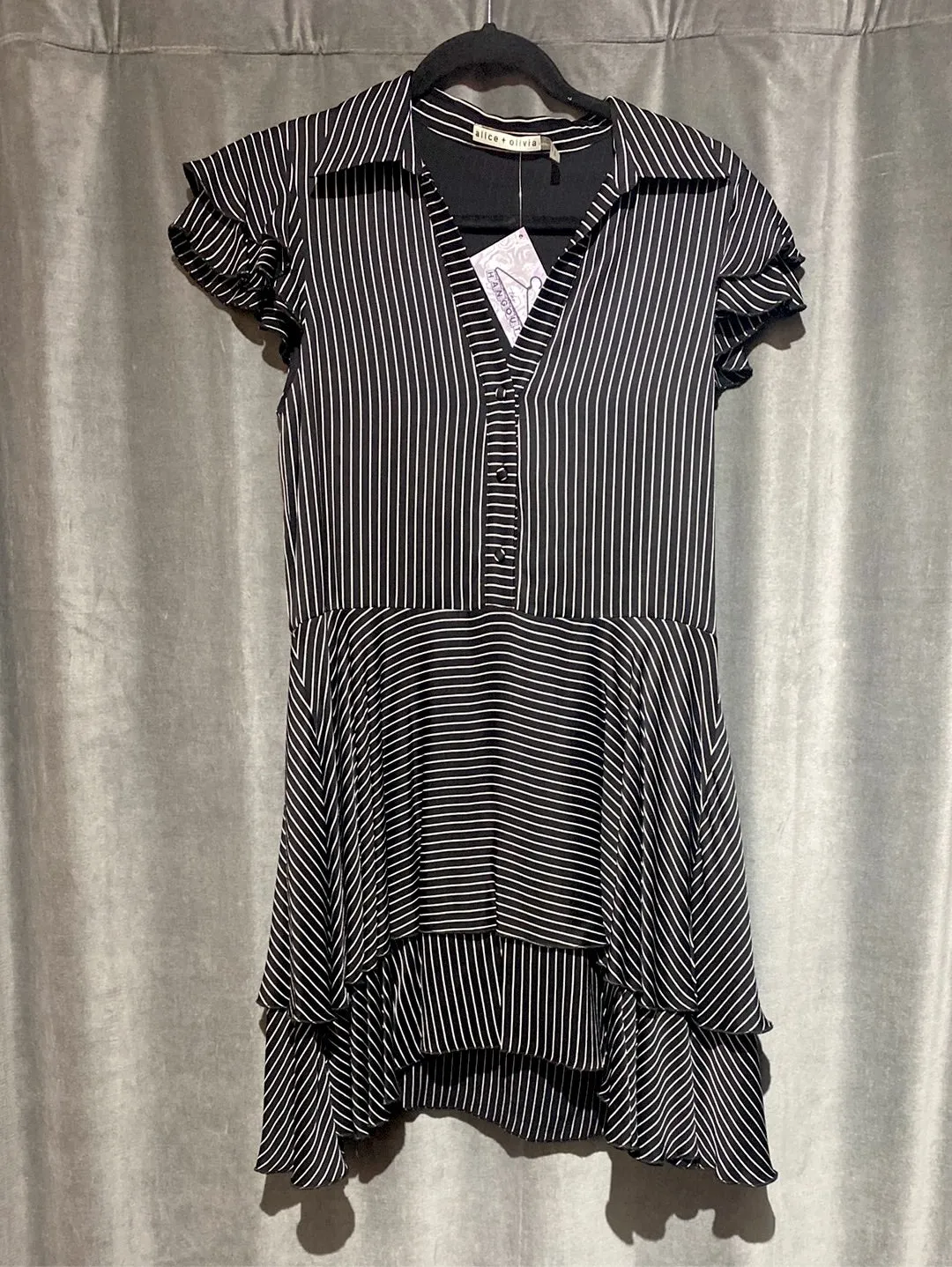 Alice & Olivia Short Sleeve Black and White Stripped Layered Bottom Dress