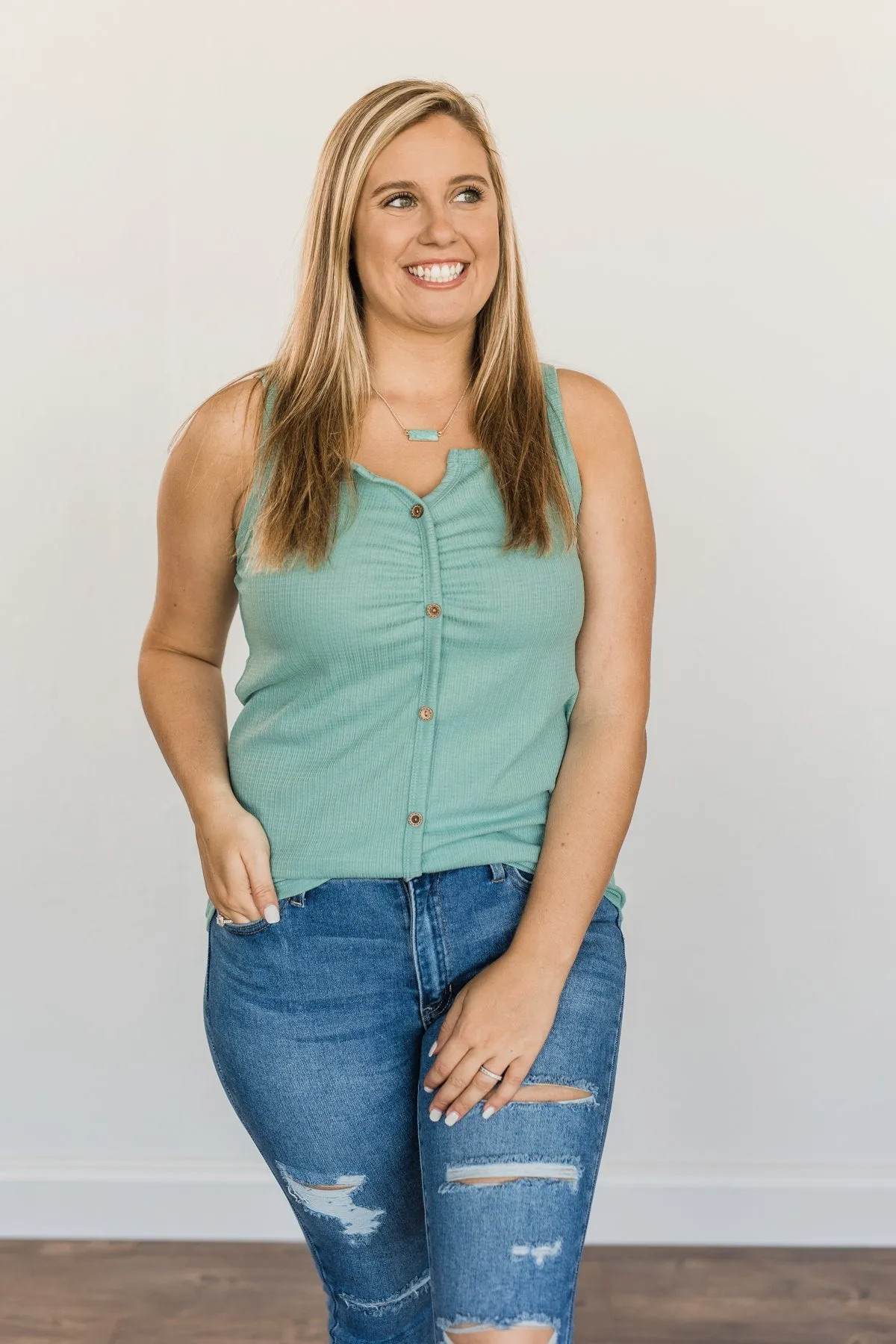 Always In My Heart Notch Tank Top- Soft Teal