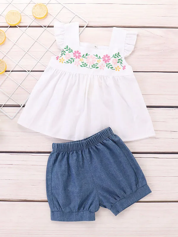 Baby Toddler Girl  Flower White Top Bread Pants