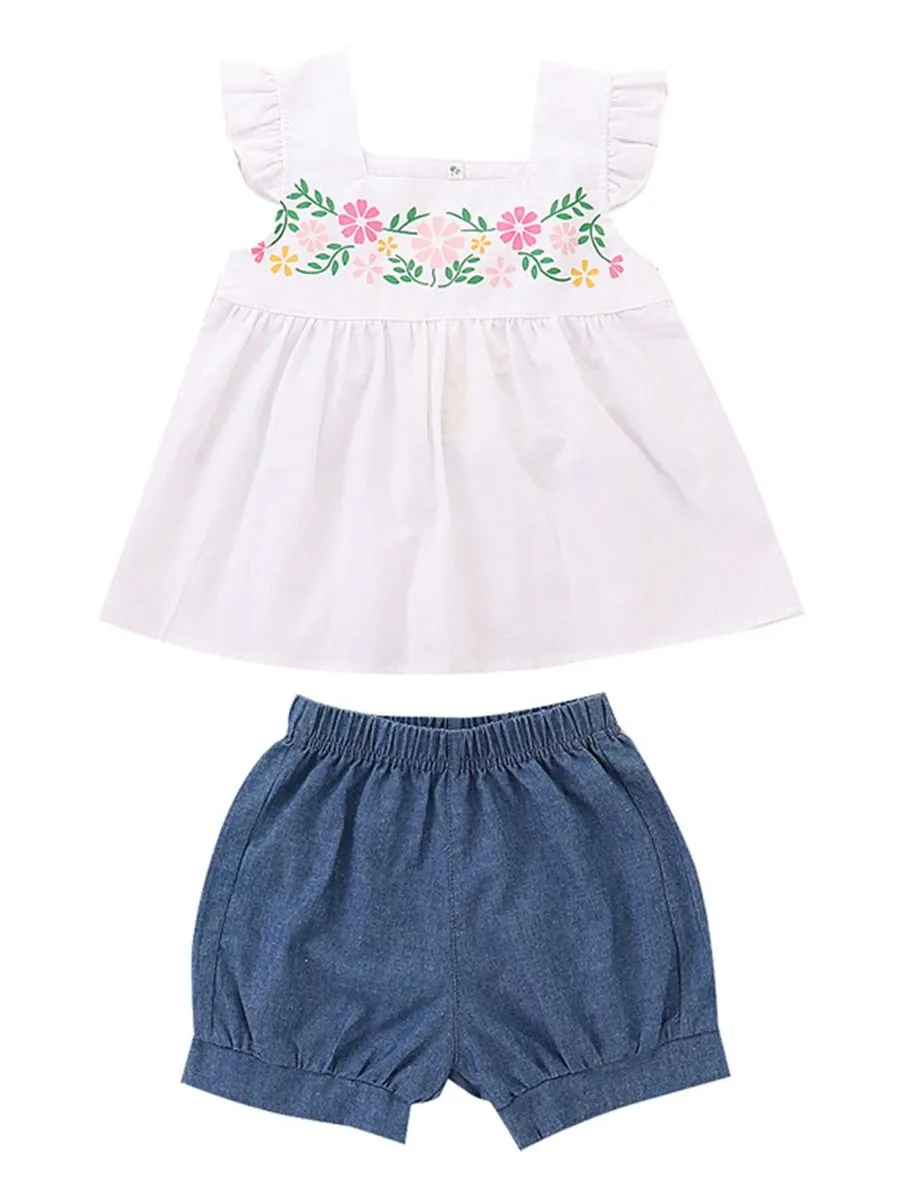 Baby Toddler Girl  Flower White Top Bread Pants