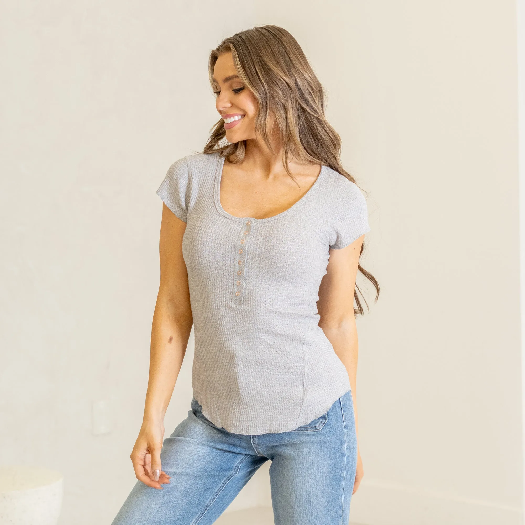Baby waffle snap button cap sleeve top