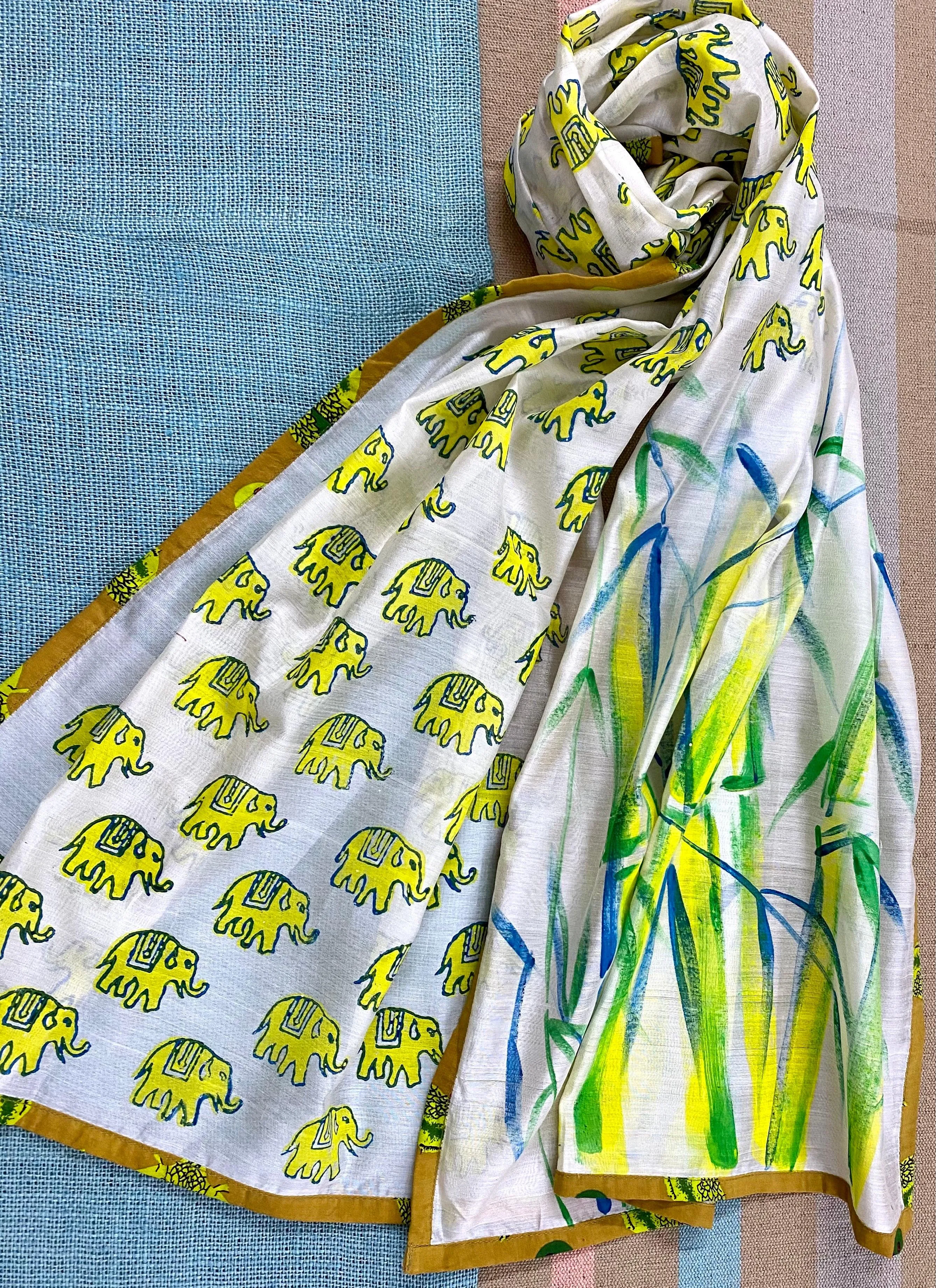 Bamboo & Elephants Block Printed on Silk Cotton Scarf