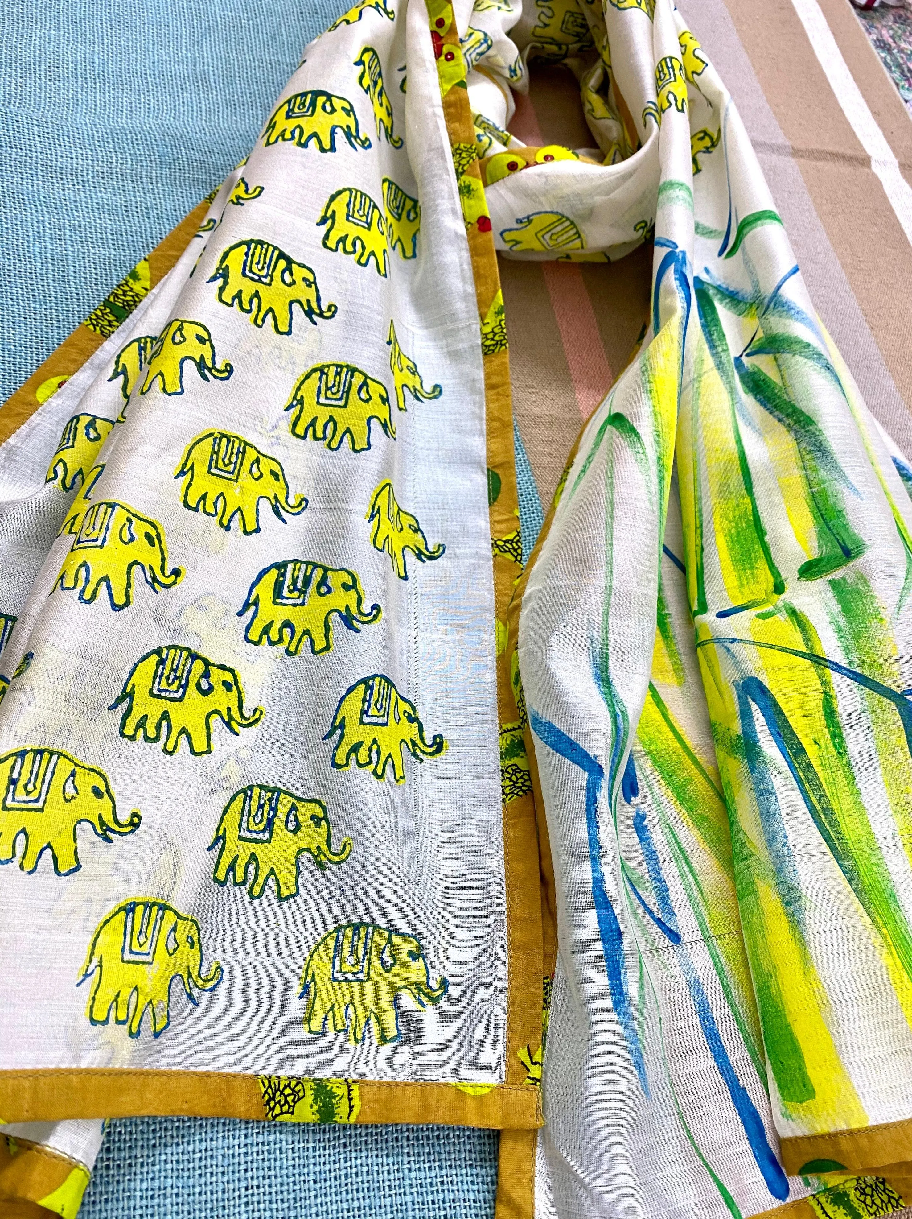 Bamboo & Elephants Block Printed on Silk Cotton Scarf