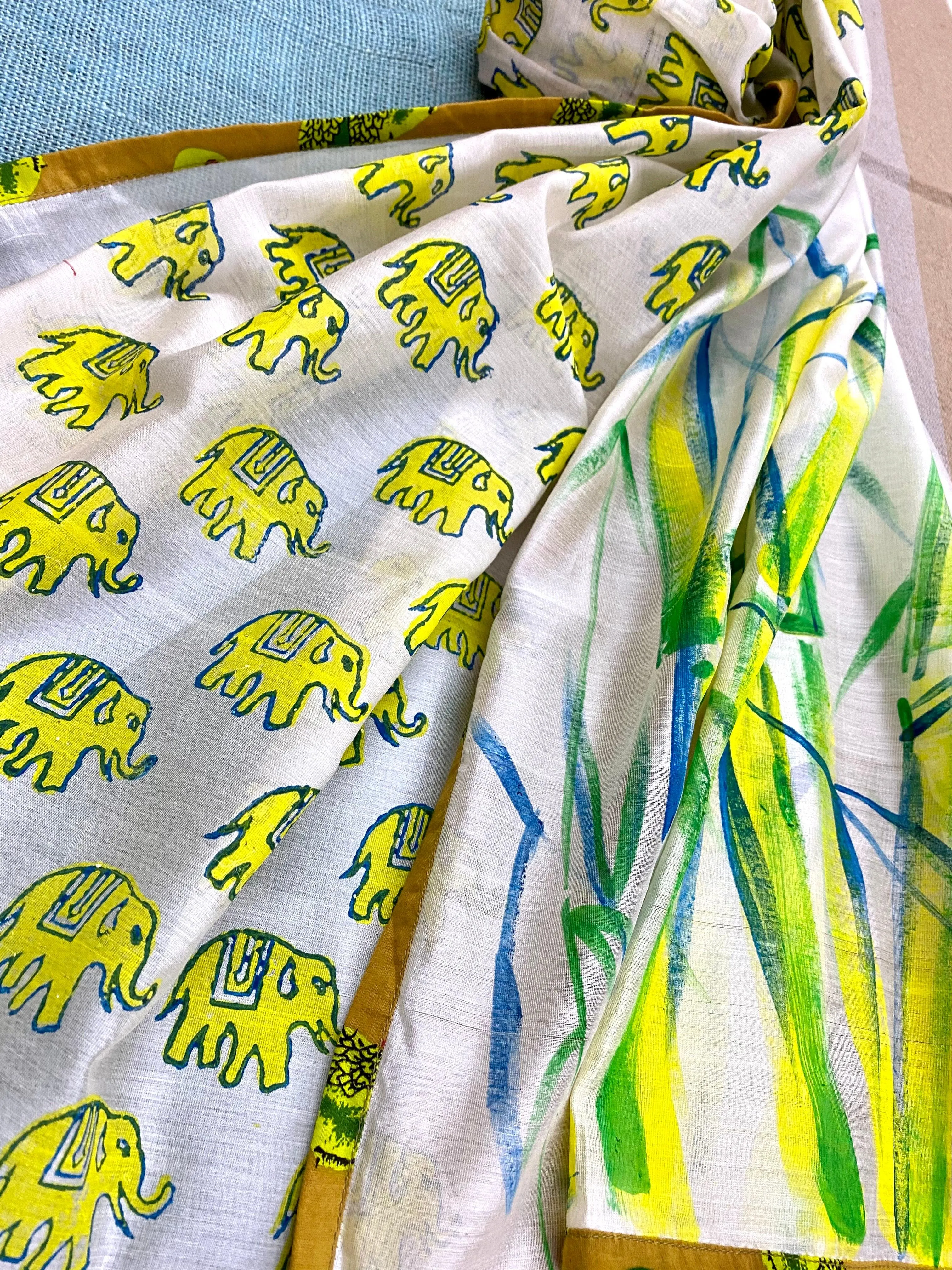 Bamboo & Elephants Block Printed on Silk Cotton Scarf