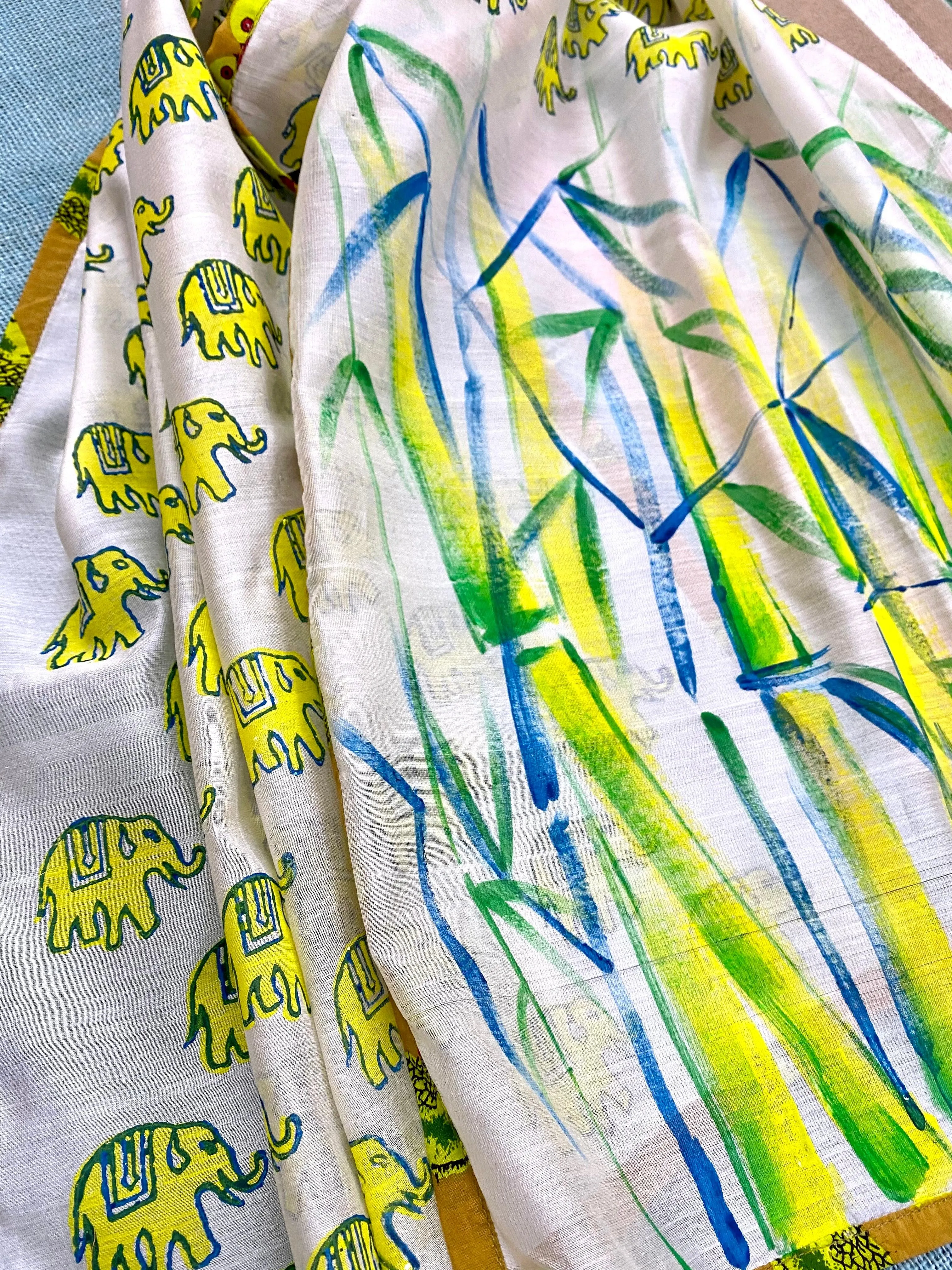 Bamboo & Elephants Block Printed on Silk Cotton Scarf