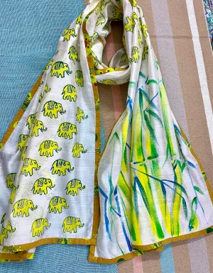 Bamboo & Elephants Block Printed on Silk Cotton Scarf