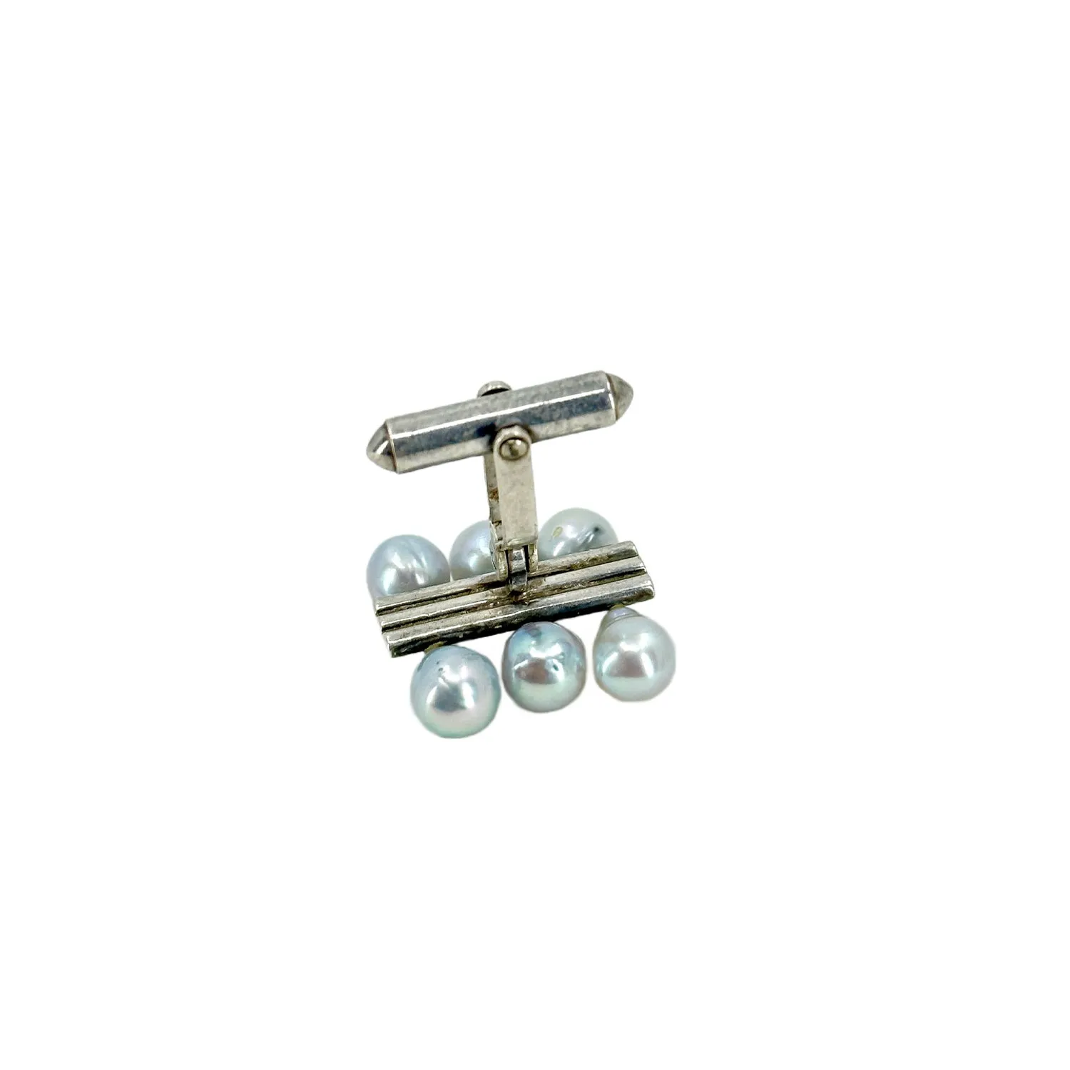 Baroque Blue Abstract Bar Akoya Saltwater Cultured Pearl Vintage Mens Cufflinks- Sterling Silver