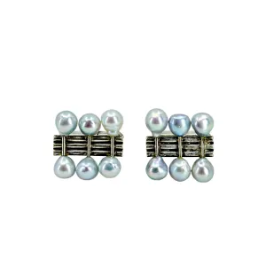 Baroque Blue Abstract Bar Akoya Saltwater Cultured Pearl Vintage Mens Cufflinks- Sterling Silver