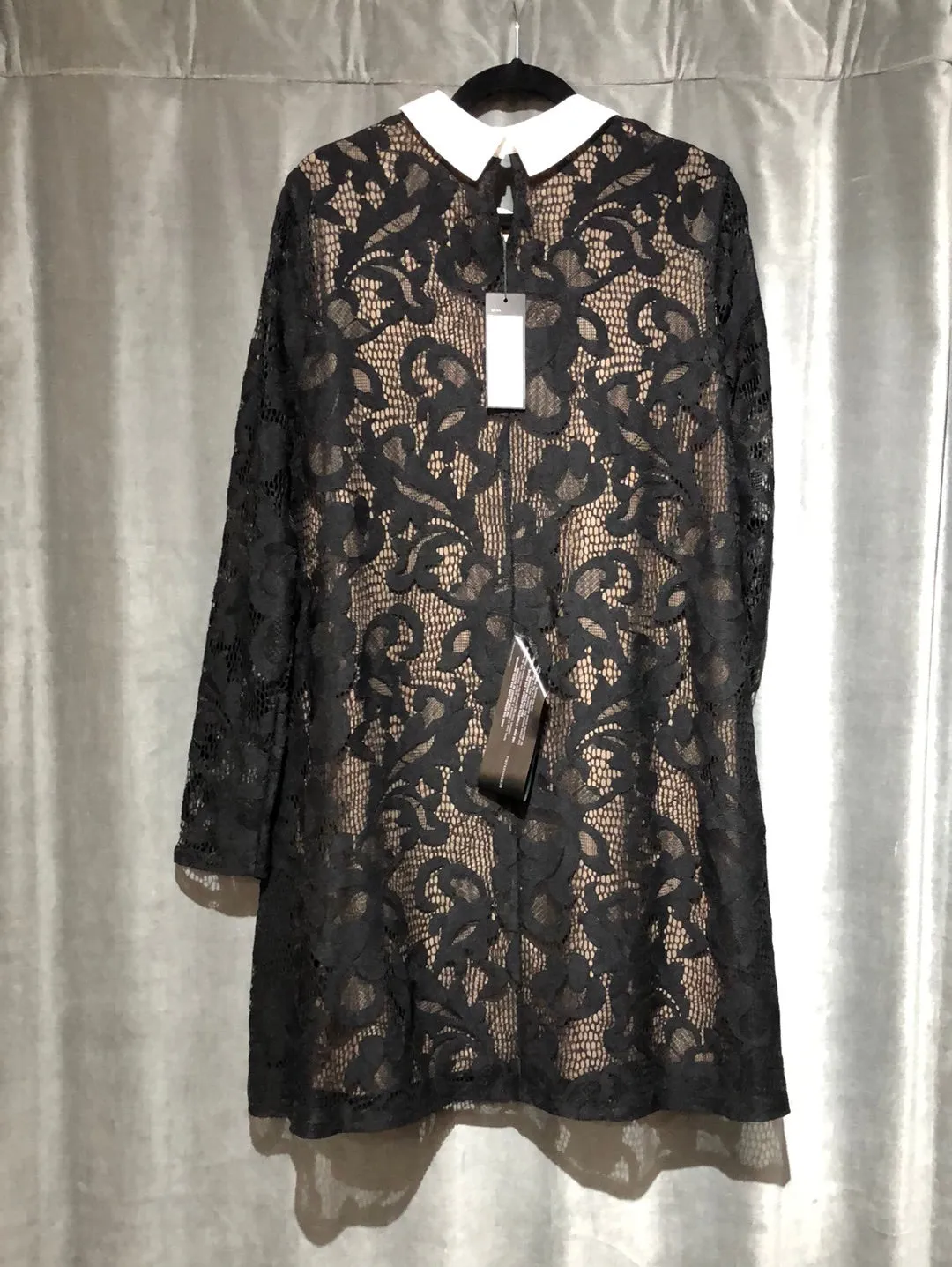 BCBG 'ROXINE' Black Long Sleeve Lace Dress with White Collar