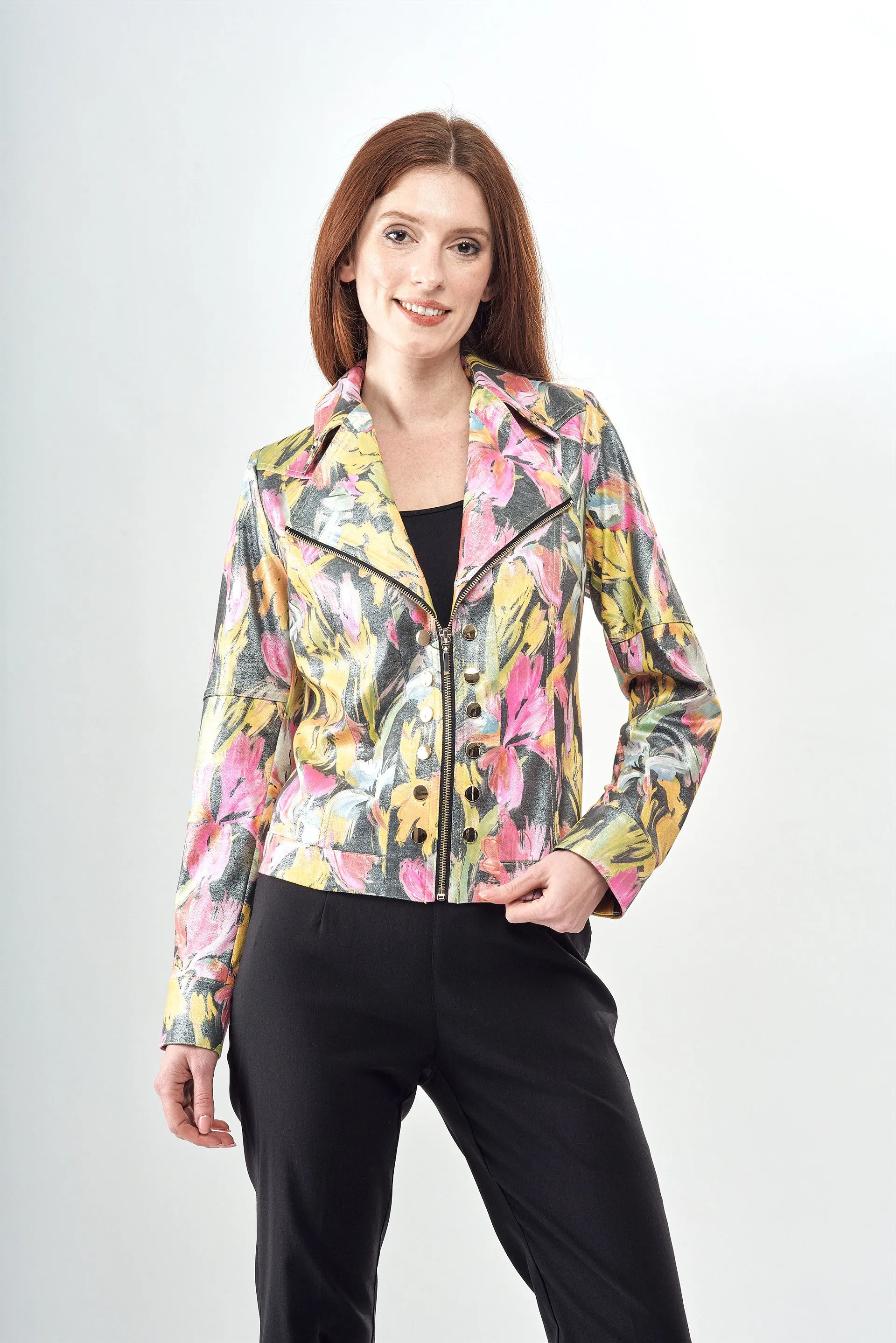 BCJ1809CMPRA Printed Vegan Leather Zip Up Jacket with Button Trim in Liquid Multi Color Floral
