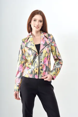 BCJ1809CMPRA Printed Vegan Leather Zip Up Jacket with Button Trim in Liquid Multi Color Floral