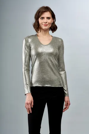 BCT7633 Metallic Rib Knit V Neck Top
