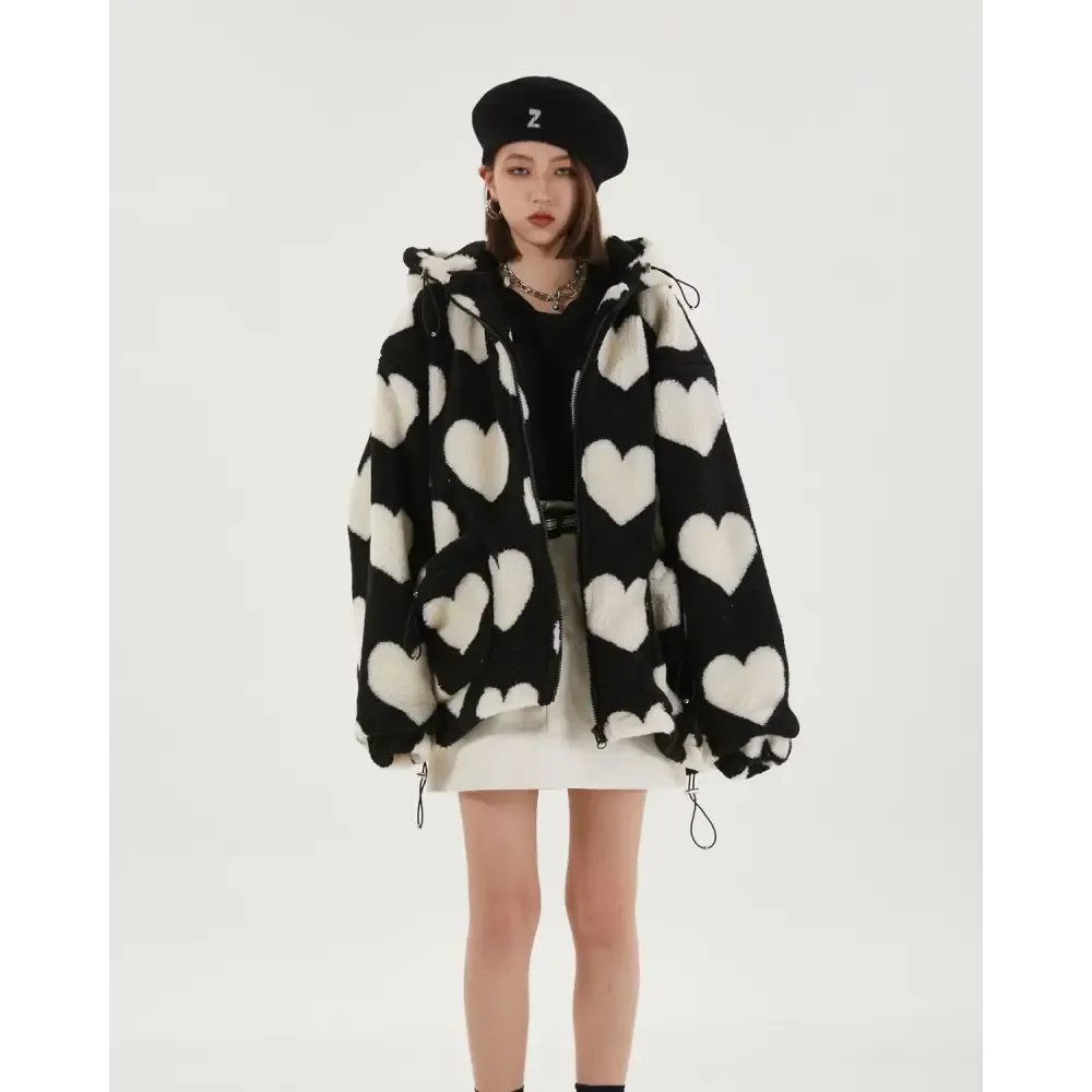 Black Hooded Jacket with Heart Pattern and Adjustable Drawstring Hood