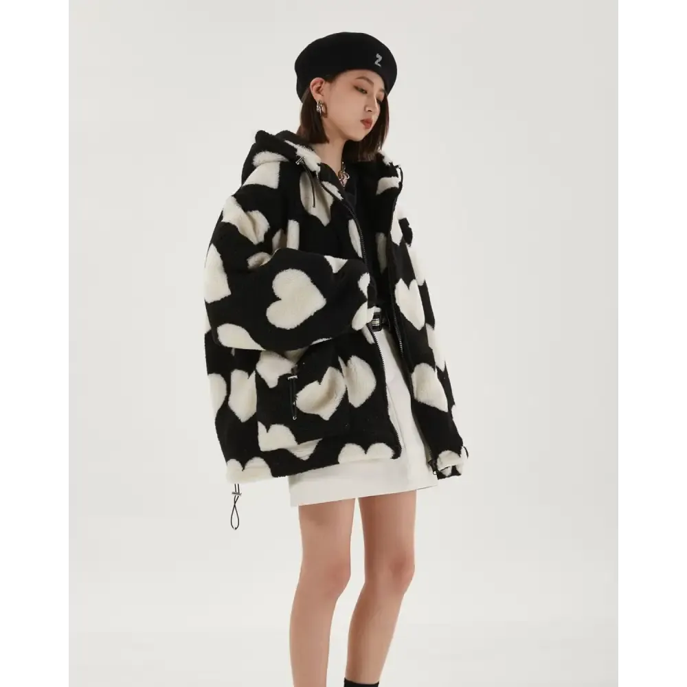 Black Hooded Jacket with Heart Pattern and Adjustable Drawstring Hood